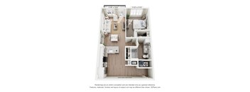 A 3D floor plan of a small apartment with a kitchen, living room, and two bedrooms.