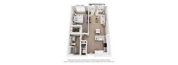 A floor plan of a small apartment with a kitchen, living room, and two bedrooms.