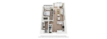 A 3D floor plan of a small apartment with a kitchen, living room, and bathroom.