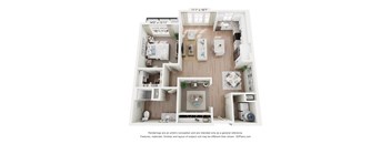 A 3D floor plan of a house with a kitchen, living room, and two bedrooms.