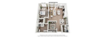 A 3D floor plan of a small apartment with a kitchen, living room, and two bedrooms.