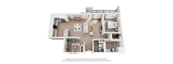 A 3D floor plan of a small apartment with a kitchen, living room, and bathroom.