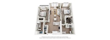 A 3D floor plan of a small apartment with a kitchen, living room, and two bedrooms.