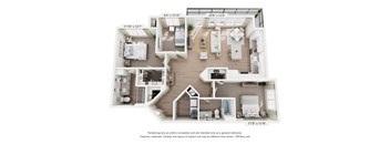 A 3D floor plan of a house with a living room, kitchen, and three bedrooms.