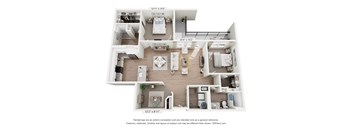 A 3D floor plan of a small apartment with a kitchen, living room, and two bedrooms.