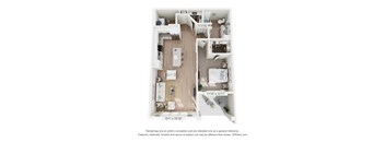 A floor plan of a two-bedroom apartment with a living room, kitchen, and bathroom.