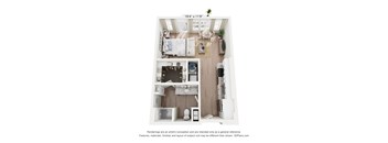 A 3D floor plan of a small apartment with a kitchen, living room, and bathroom.