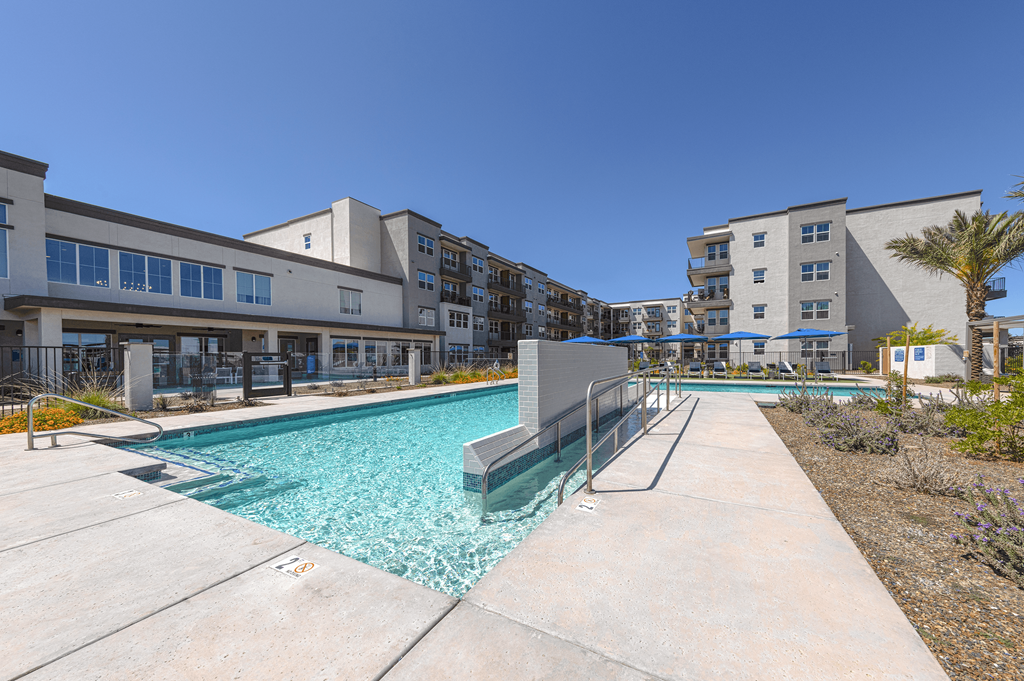 a resort -style pool at a senior apartment community