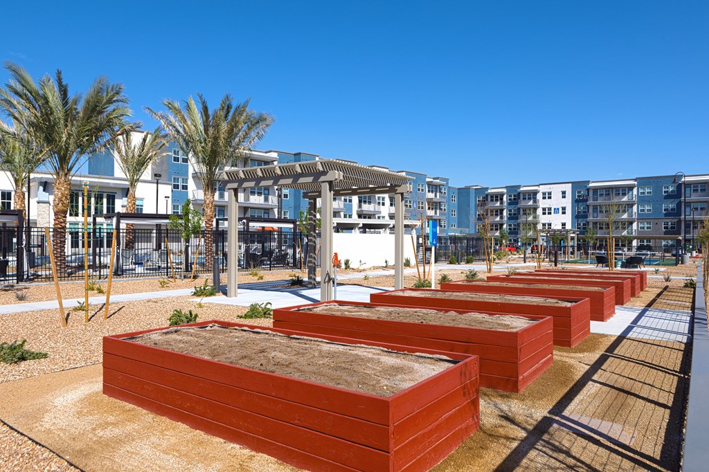 raised flower beds at a senior apartment community