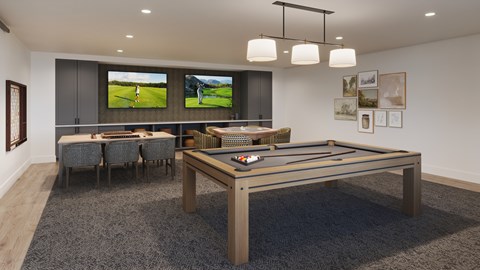 A room with a pool table and a television showing a golf game.
