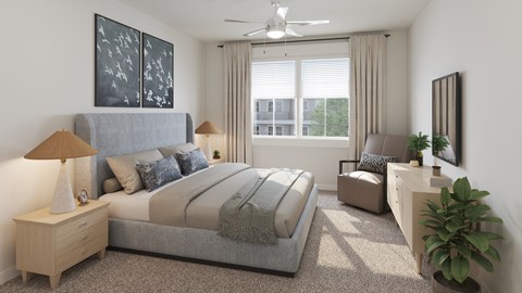 A bedroom with a large bed, a chair, and a plant.