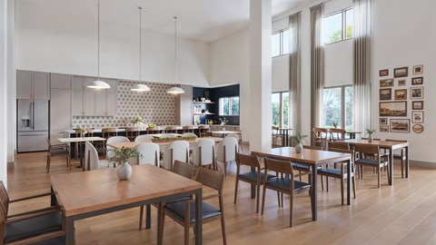 A modern dining room with a long table set for a meal.