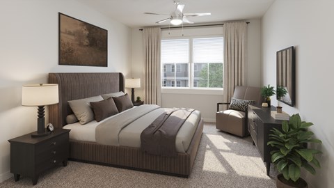 A bedroom with a large bed, a chair, and a potted plant.