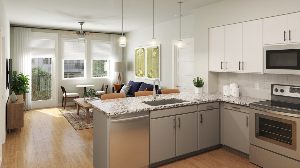 a rendering of a kitchen and living room