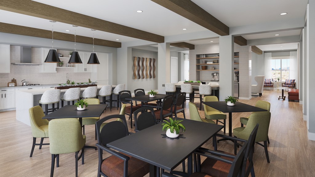 a rendering of a dining room with tables and chairs and a kitchen in the background