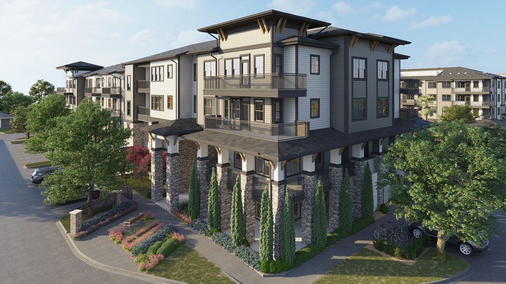 a rendering of an apartment building with balconies and awnings