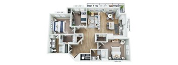 A floor plan of a small apartment with two bedrooms, a living room, a kitchen, and a bathroom.