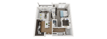 a 3d floor plan of a bedroom with a bathroom and a living room
