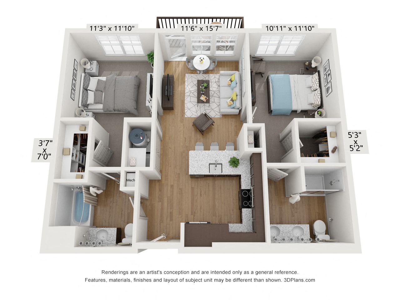 Floor plan image of B1, 2-bedroom apartment