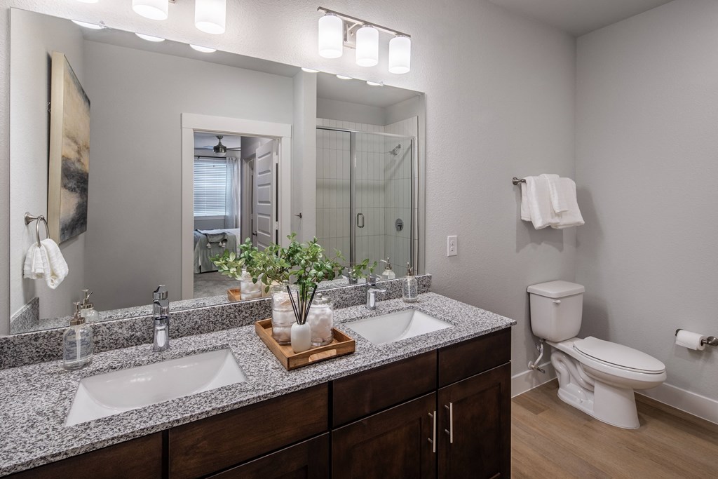 a bathroom with two sinks and a toilet and a mirror