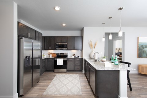 a kitchen with stainless steel appliances and a marble counter top