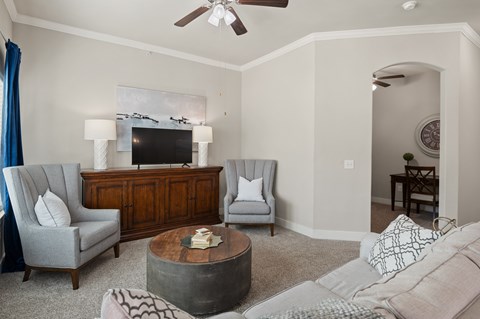 A living room with a grey couch, a wooden coffee table, and a television.
