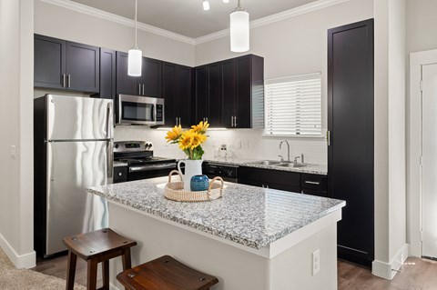 A kitchen with a granite countertop and black cabinets.