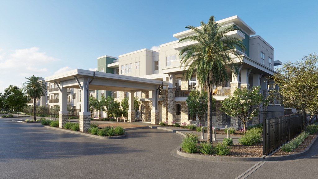 a rendering of a building with palm trees in front of it