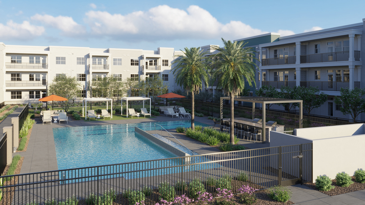 a rendering of an apartment building with a swimming pool