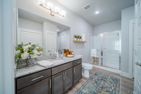a bathroom with a shower at a senior apartment community