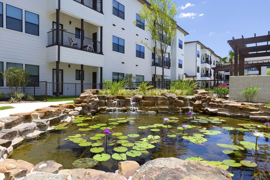 a pond with water lilies in front of a building