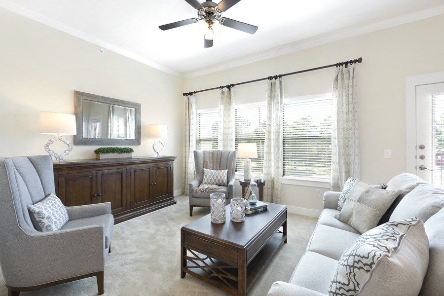 a living room with couches and a coffee table