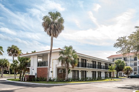 A white building with a balcony and a palm tree in front.