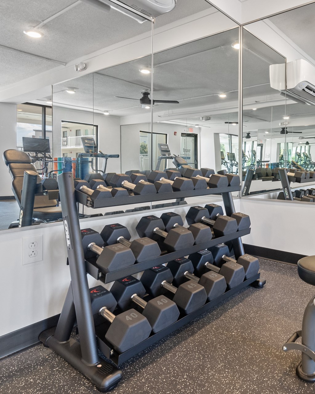 a gym with rows of dumbbells on a rack at The Teale Navy Yard, North Charleston, SC, 29405