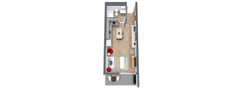 A top down view of a living room with a couch, chair, and coffee table at The Teale Golden Gate in Naples, FL, 34116