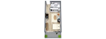 A top-down view of a small apartment with a bed, a couch, a table, and a kitchenette at The Teale Golden Gate in Naples, FL, 34116