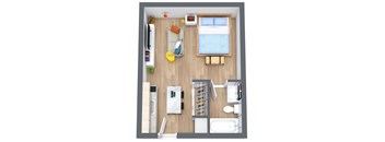 A top-down view of a small apartment with a bed, a desk, a chair, a couch, a kitchenette, and a bathroom at The Teale Golden Gate in Naples, FL, 34116