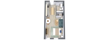 A top-down view of a modern living room with a dining area and kitchen at The Teale Golden Gate in Naples, FL, 34116
