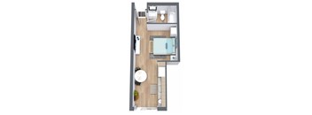 A top-down view of a small apartment with a bedroom, living room, and bathroom at The Teale Golden Gate in Naples, FL, 34116