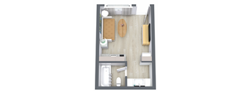 a floor plan of a bedroom with a bathroom and a living room