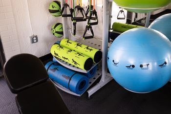 the gym has a variety of weights and exercise equipmentat The Teale, Kissimmee, FL, 34746