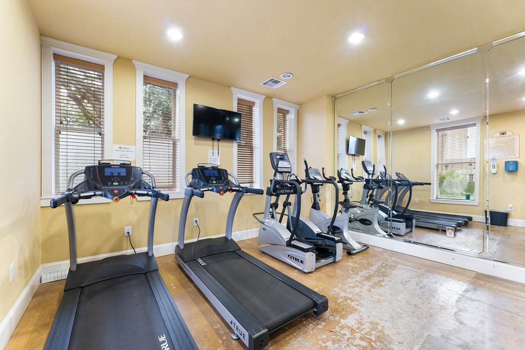 a gym with cardio machines and a tv on the wall