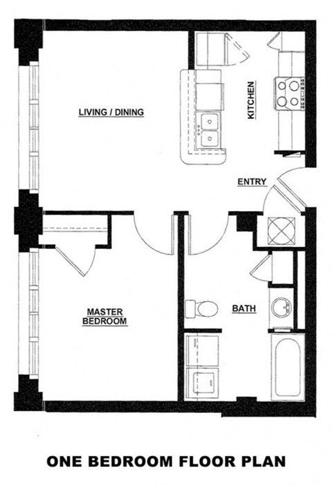 a floor plan of a one bedroom floor plan with a bathroom and a staircase