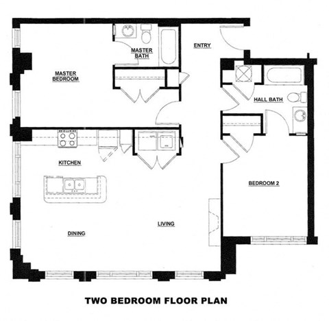 a floor plan of a two bedroom floor plan with a bathroom and a living room