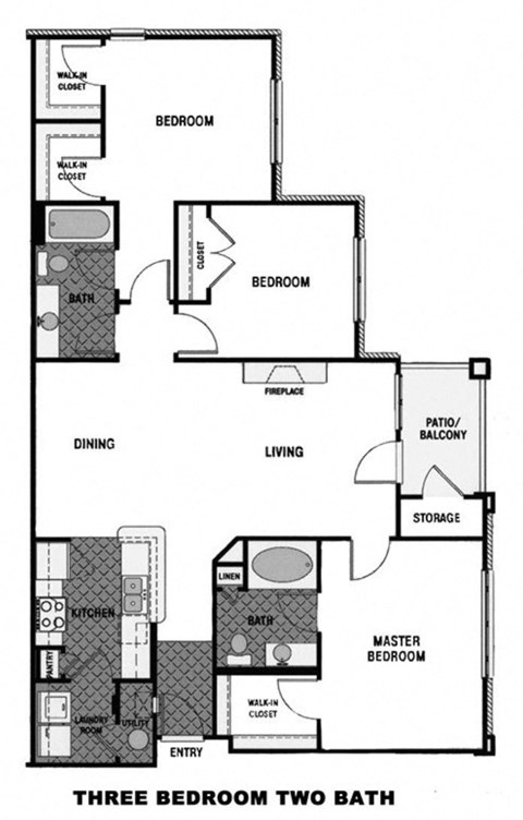 a floor plan of three bedrooms two baths and two bathrooms