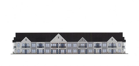 A black and white drawing of a building with multiple windows.