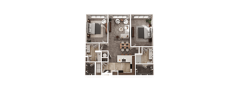 A top-down view of a house layout with a living room, kitchen, dining area, and bedrooms.
