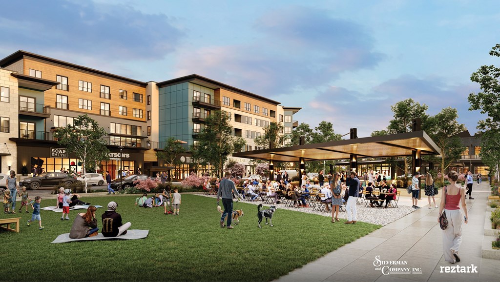 A rendering of a modern apartment complex with a lush green lawn and people enjoying the outdoors at The District at Deerfield Residences Apartments, Mason, Ohio