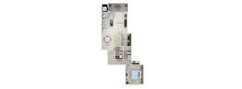 A floor plan of a small apartment with a living room, kitchen, bathroom, and laundry room.