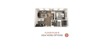 A floor plan of a small apartment with a kitchen, living room, and bedrooms.